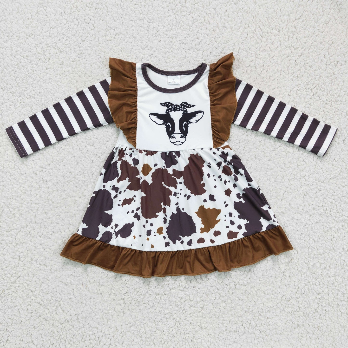 kids long sleeve brown cow print ruffle dress