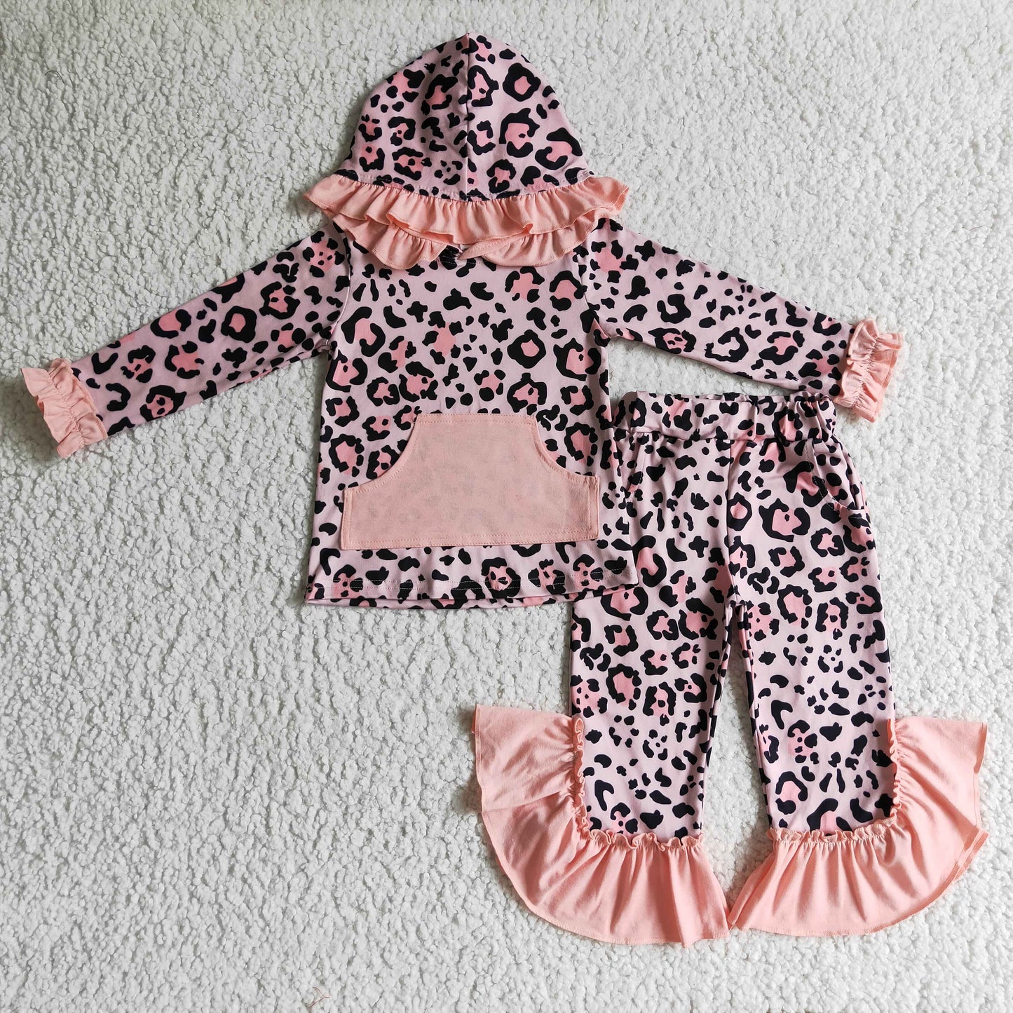 winter black leopard ruffle hoodie outfit girl’s clothing