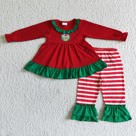 girl embroidery christmas outfit red stripe ruffle pants set