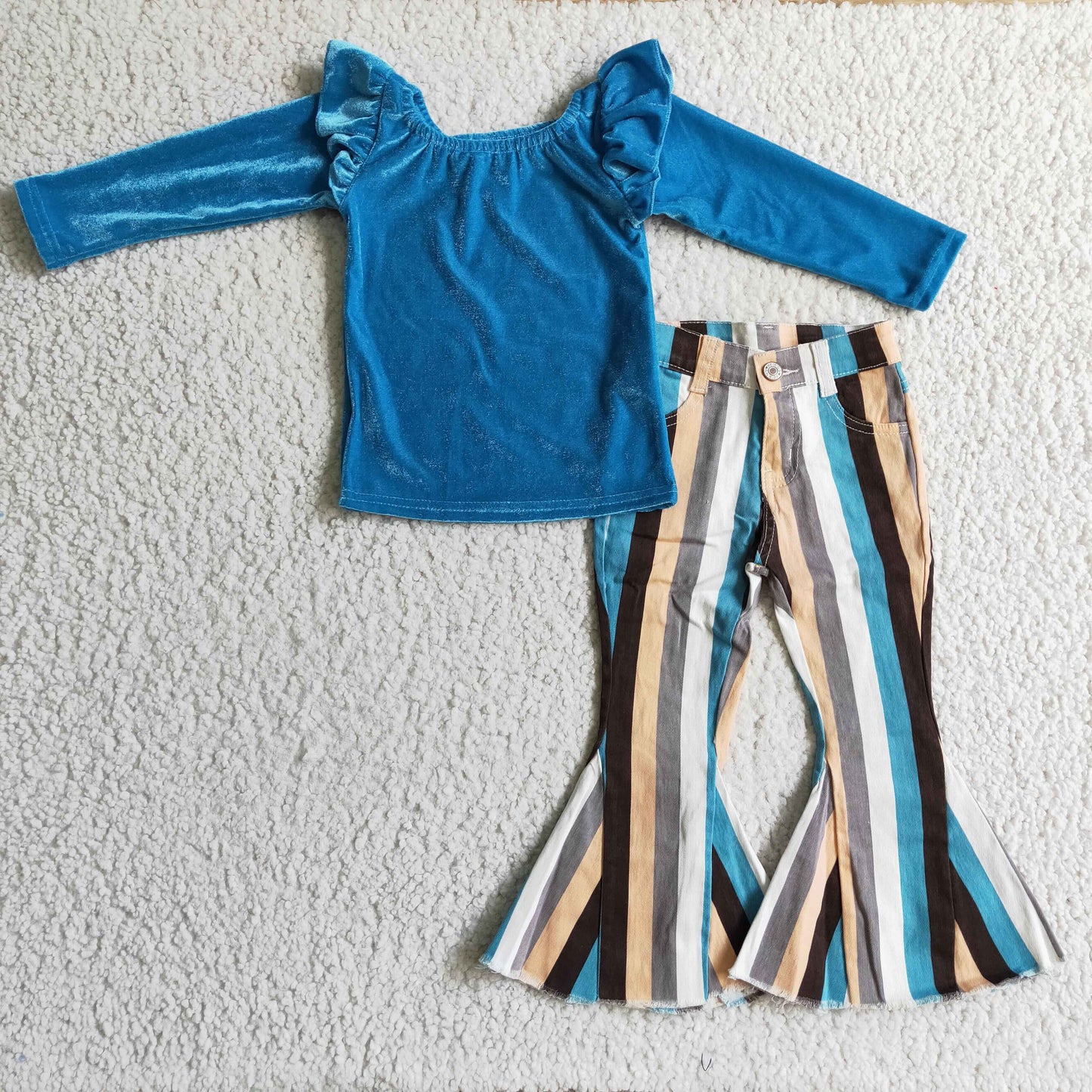 2pcs blue velvet top stripe flare denim outfit