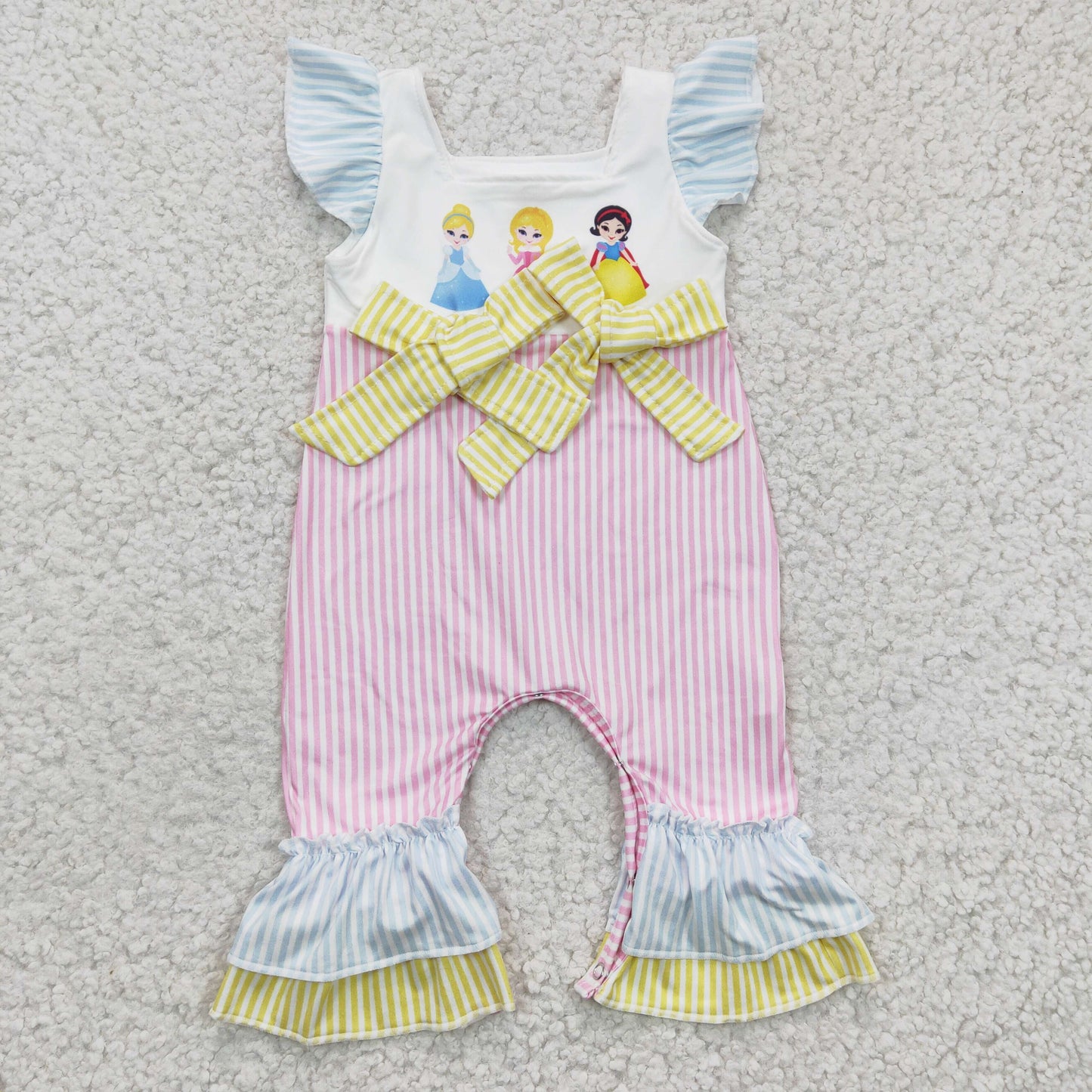 baby girl blue yellow pink stripe ruffle romper princess print
