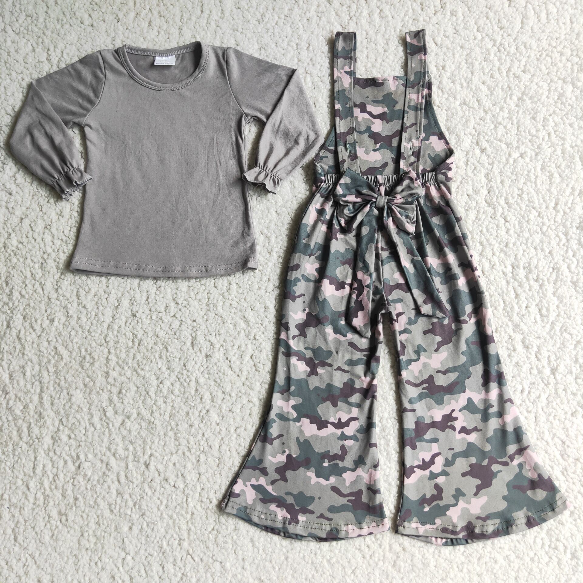 2pcs Grey Cotton Top Camo Overalls Bells Set