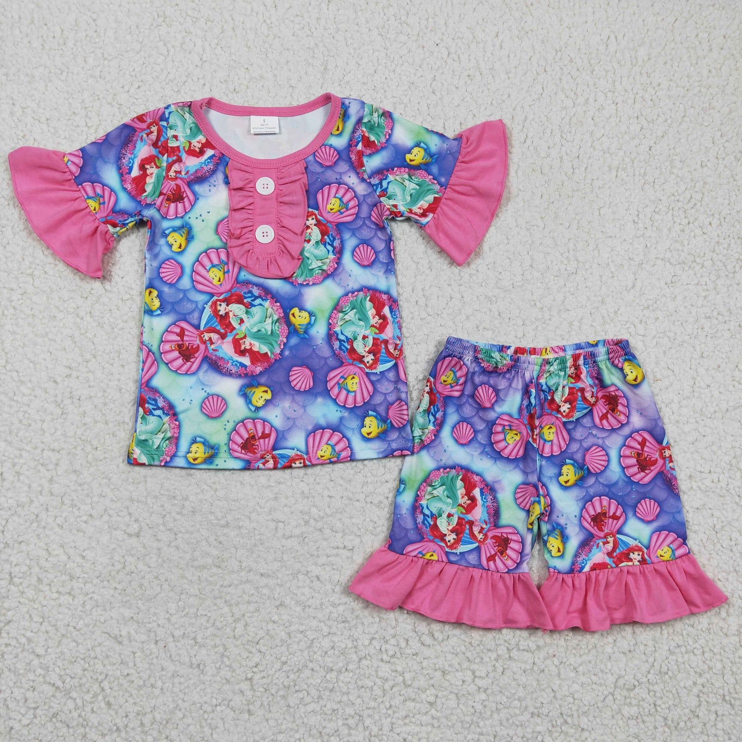summer mermaid shell pink purple shorts pajama set