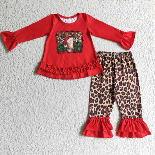 girl red top cow print leopard ruffle pants set