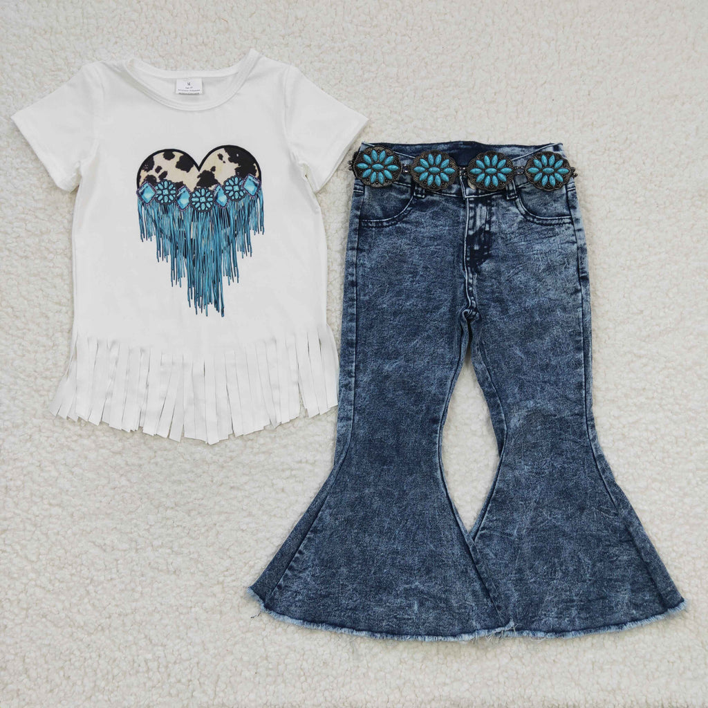 western turquoise heart white tassel t shirt