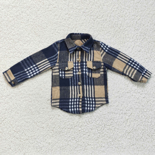 kids flannel navy blue tan cotton plaid button shirt with pocket