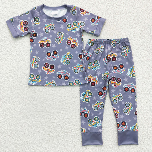 boy short sleeve grey truck stars pajama set