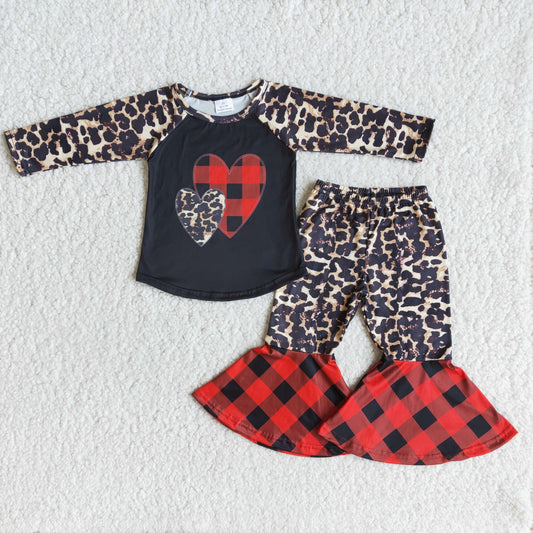 long sleeve lepoard and plaid heart bells outfit