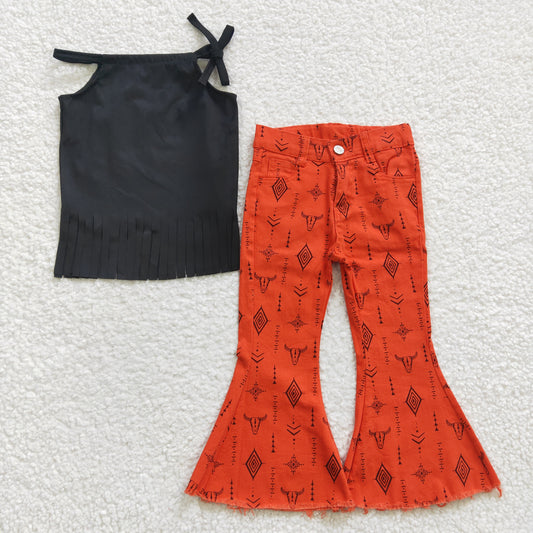 black tassel top western cow denim pants set