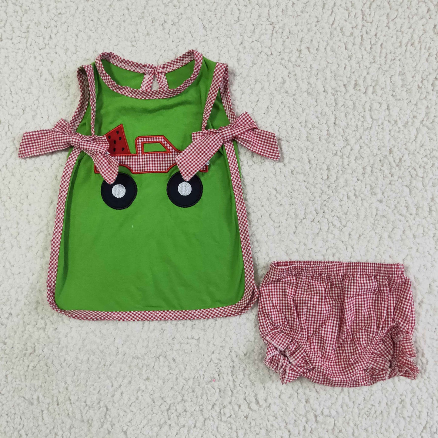 baby cotton watermelon embroidery red plaid bummie set