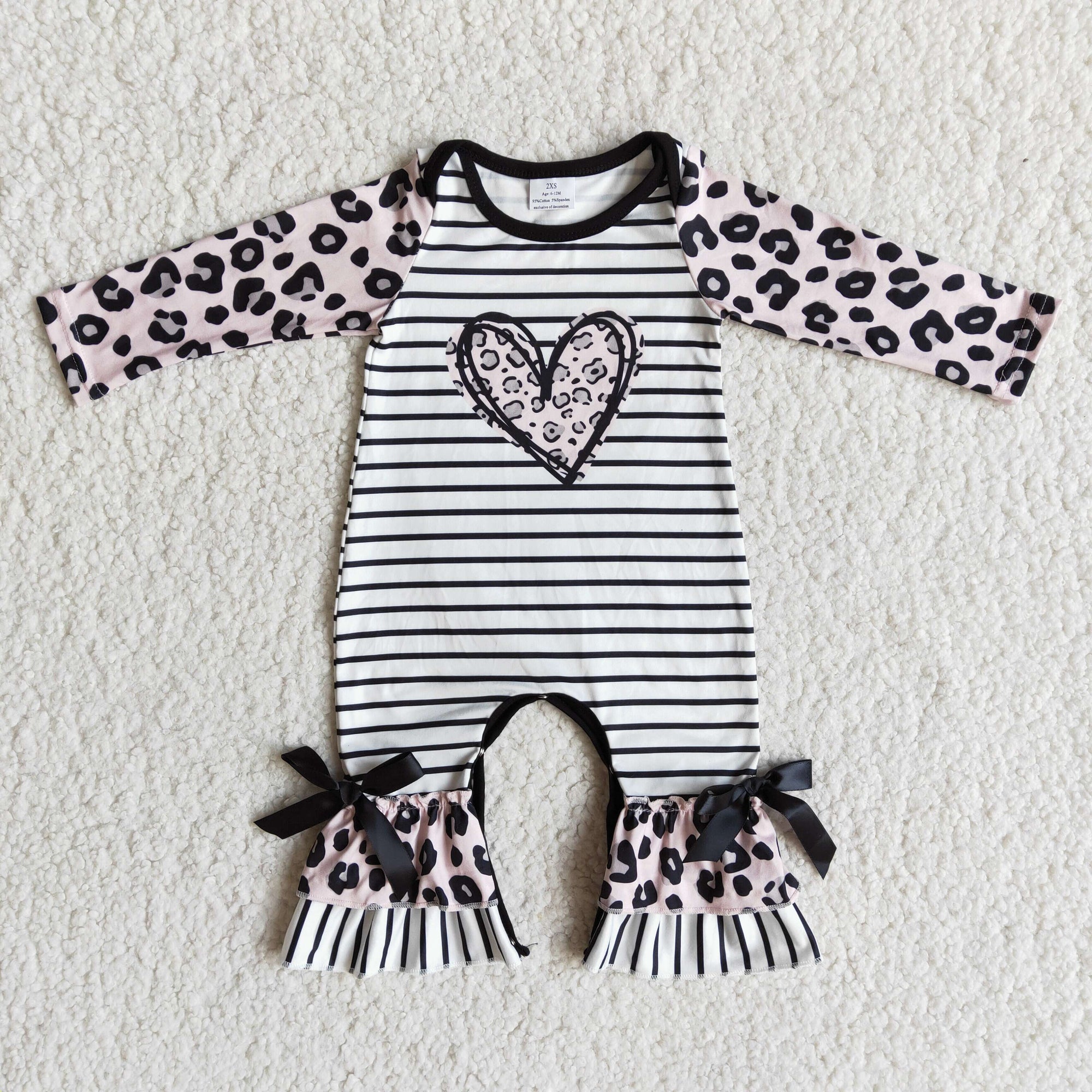 long sleeve heart print leopard and stripe romper