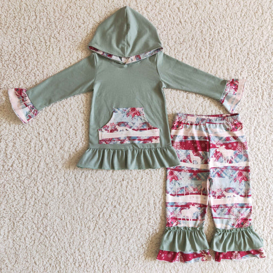 girl christmas deer pocket hoodie clothes set