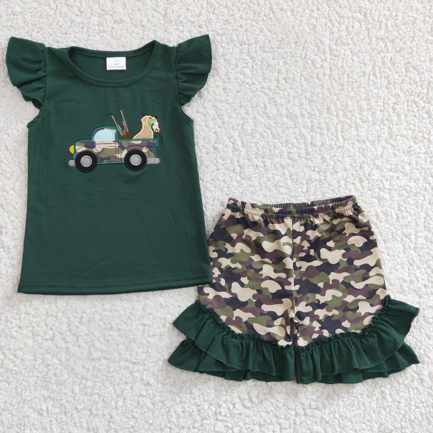 hunting boy truck embroidery camouflage shorts set