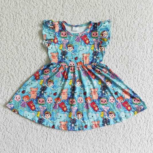 kids girl's clothing blue cartoon dress for summer