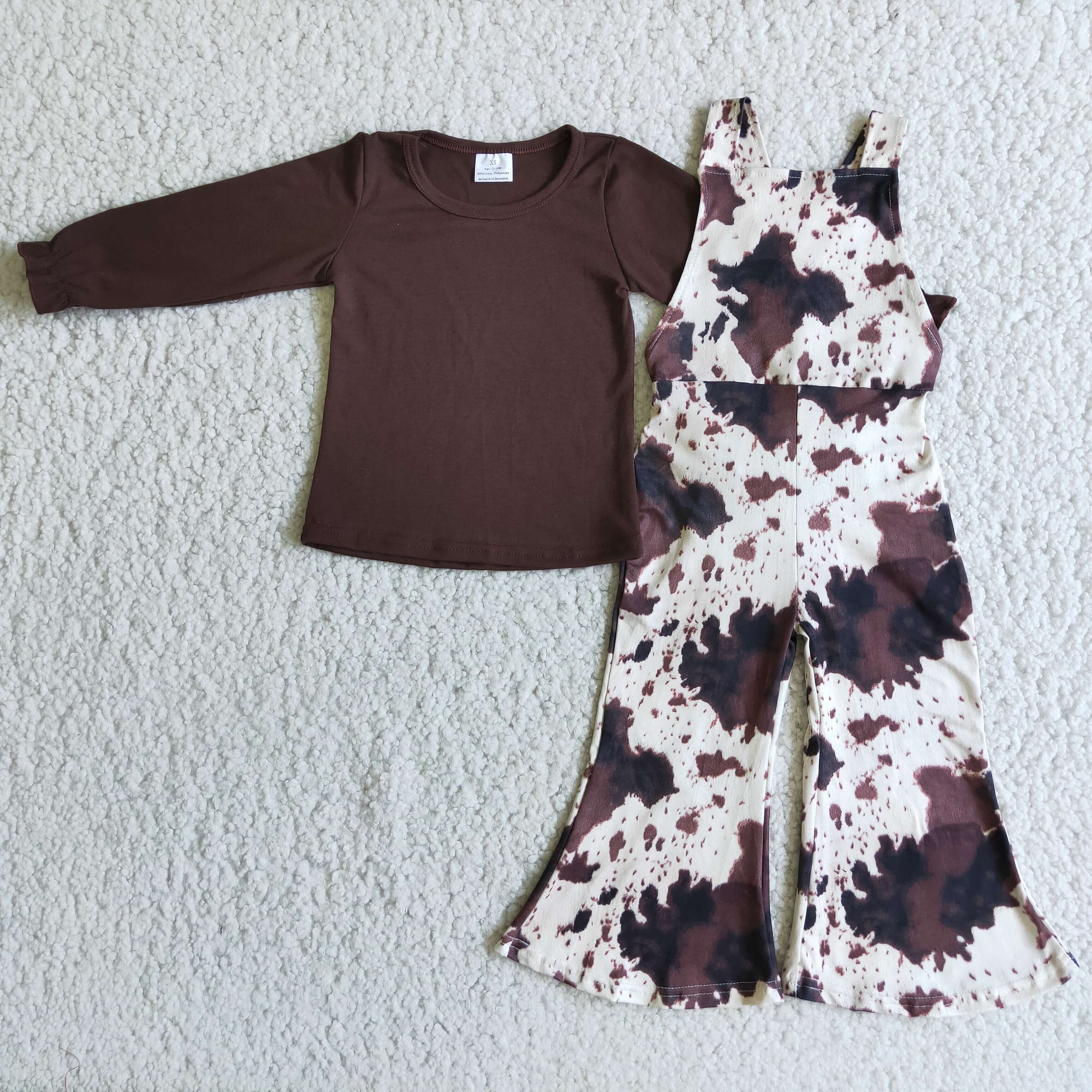 Brown Cotton Top Cow Overalls Bells Set