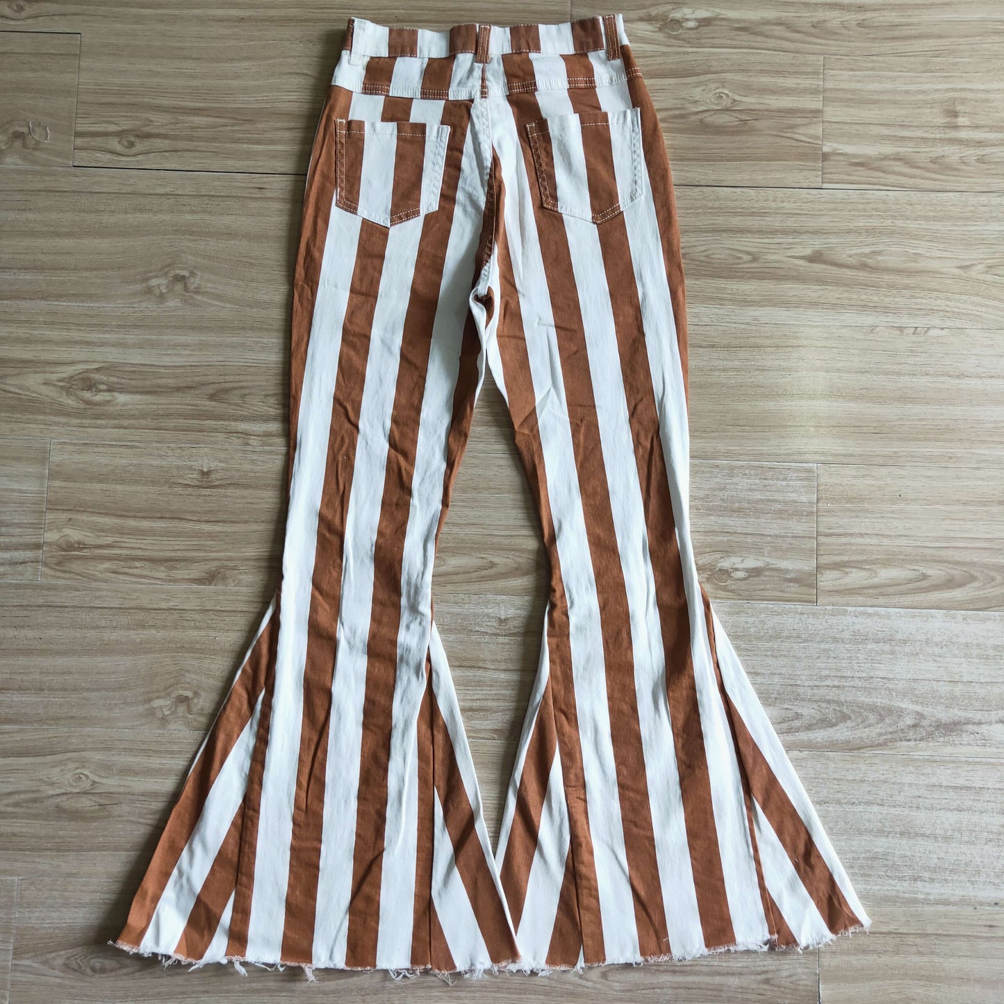 adult ladies brown stripe denim bell pants