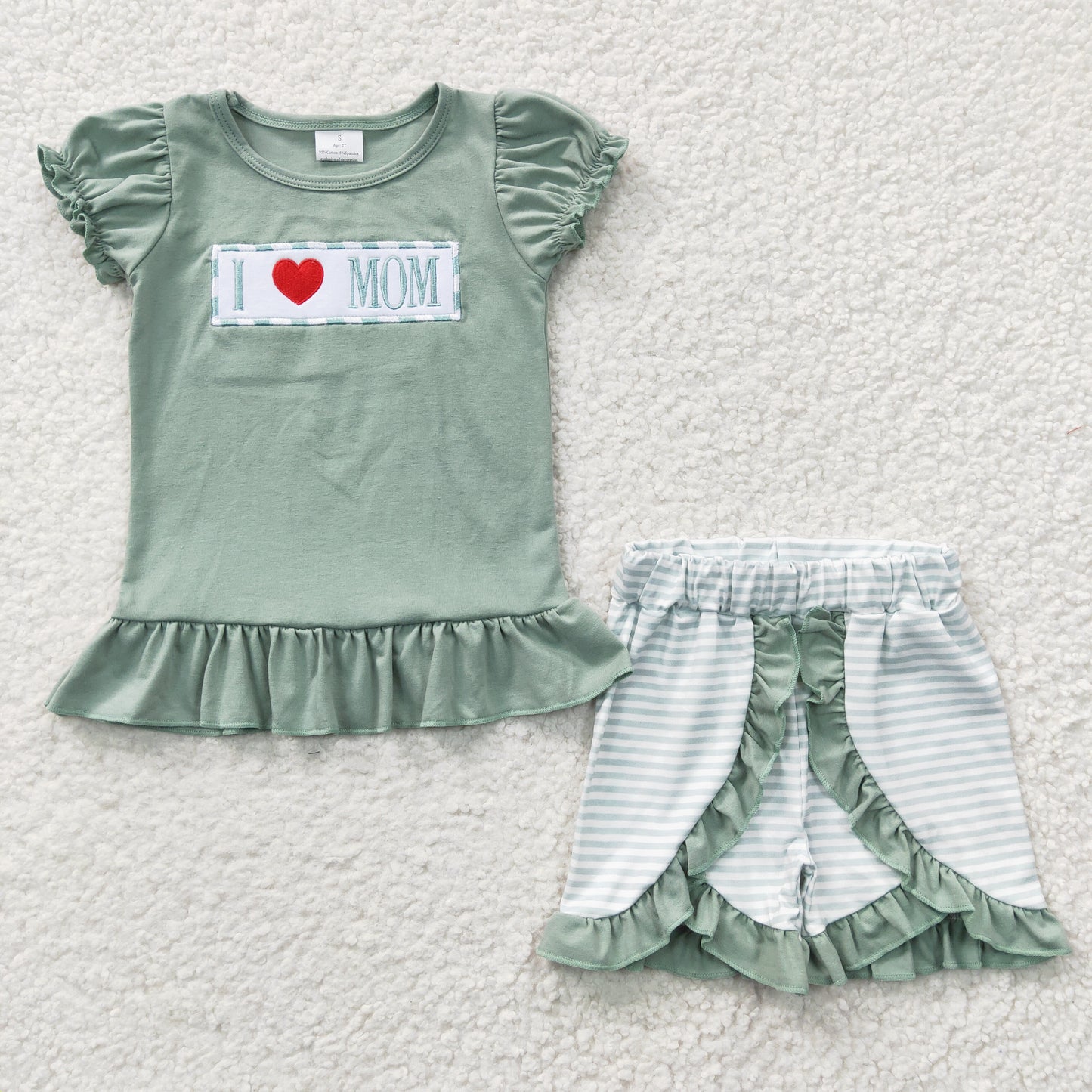 i love mom embroidery green shorts set girl