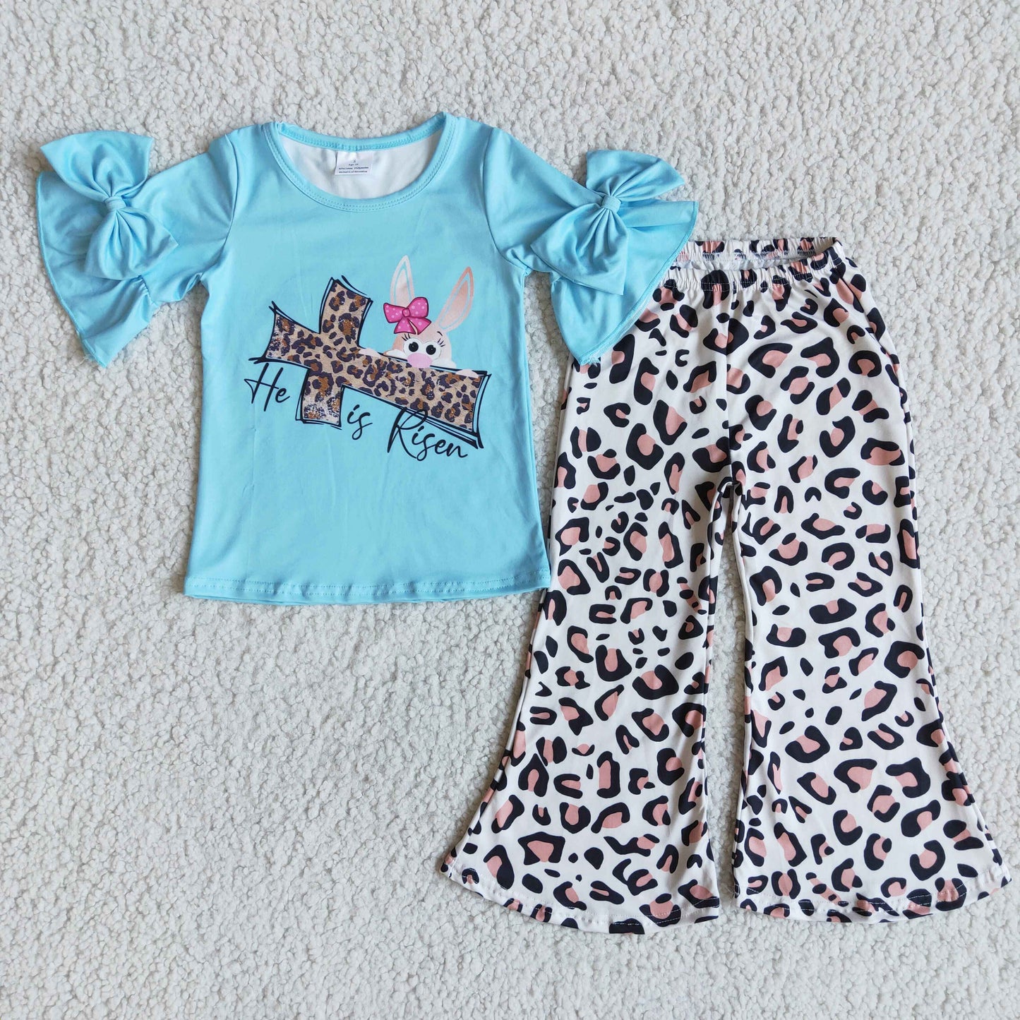 girl easter blue he is risen, blue shirt leopard belle pants outfit