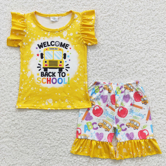 kids clothing girl's back to school outfit yellow ruffle shorts set