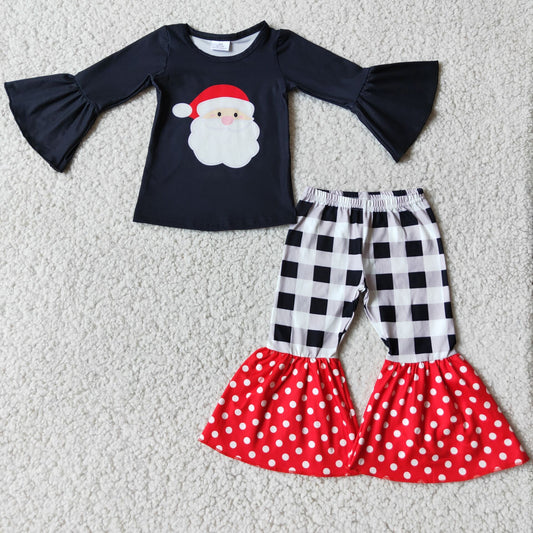 black santa print plaid bell bottom set 6 A8-14