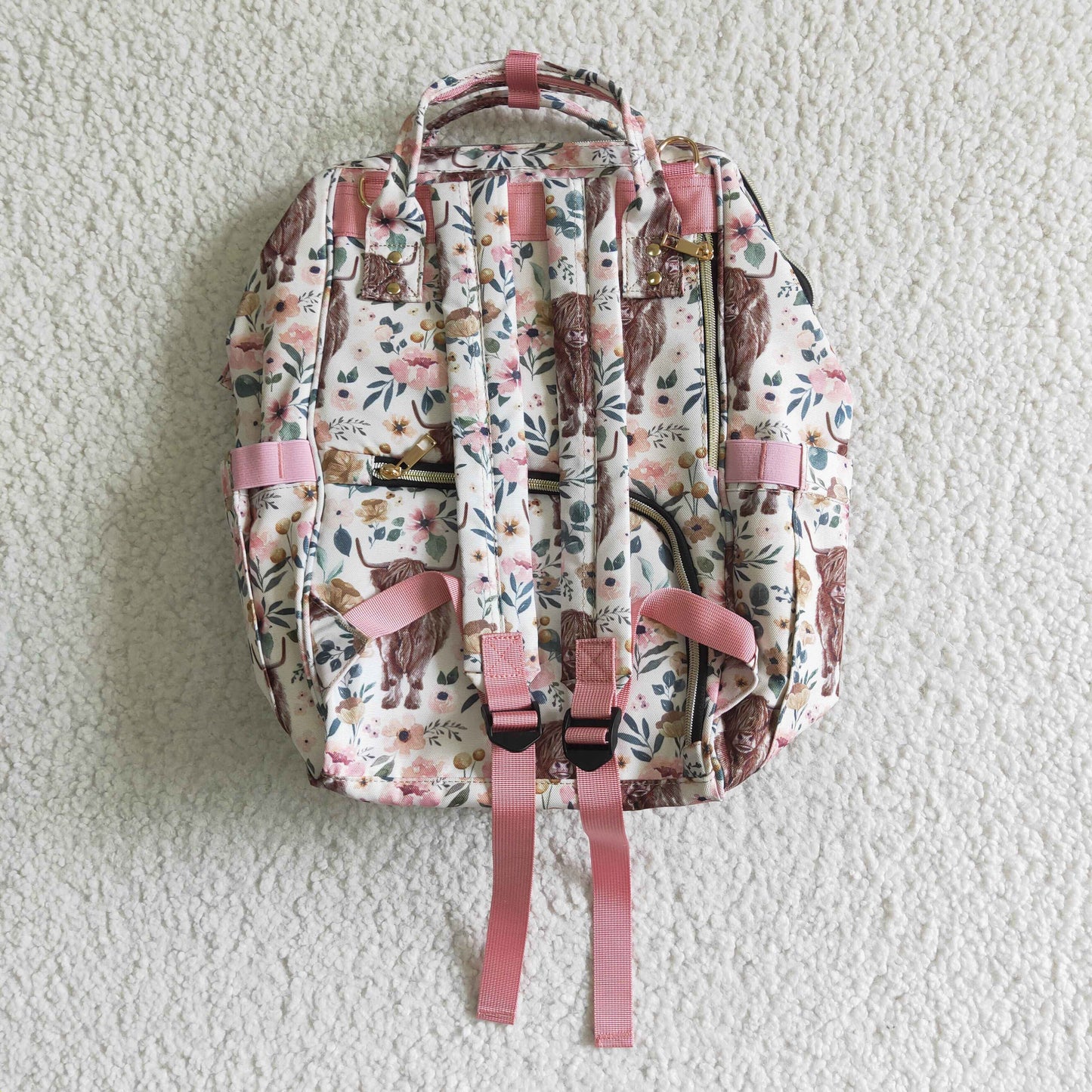 polyster/nylon floral cow diaper bag backpack