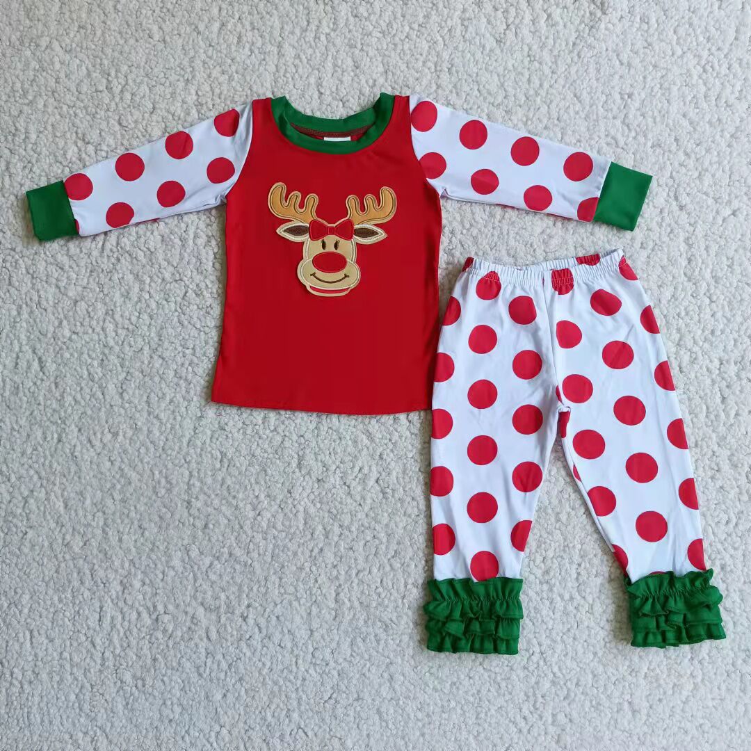 Rudolph Embroidery Cotton Dots Pajamas for Christmas Girl