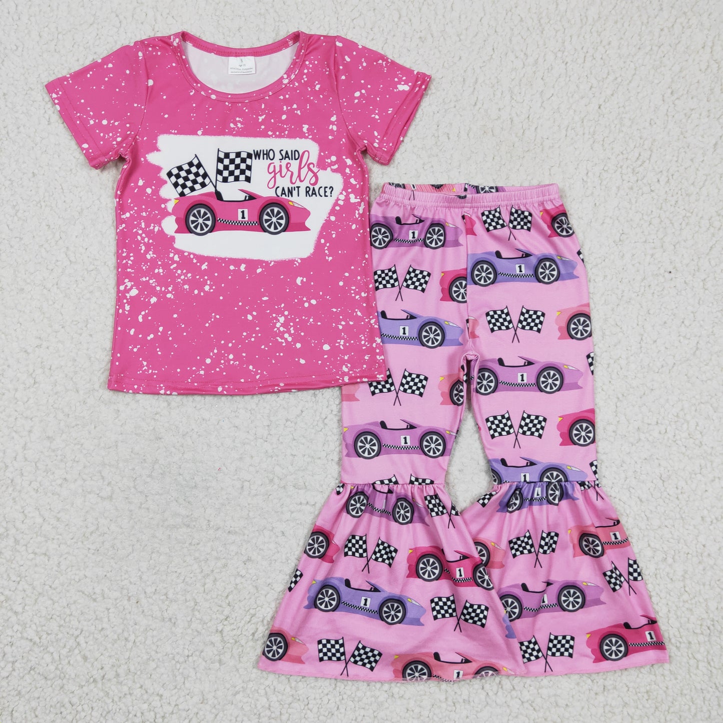 pink outfit racing car bell bottom clothing