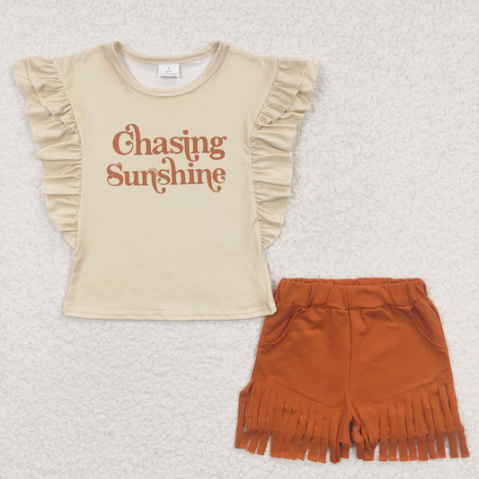 "CHASING SUNSHINE" top w/fringe shorts 2pc set