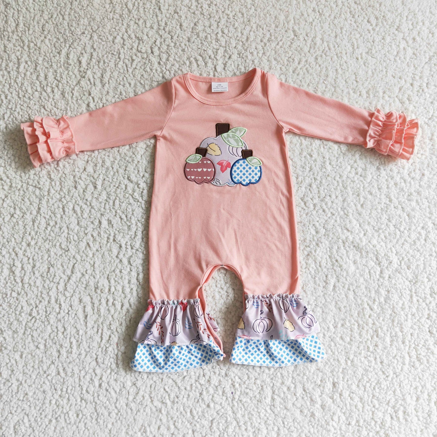 baby girl pink 3 pumpkin embroidery ruffle romper