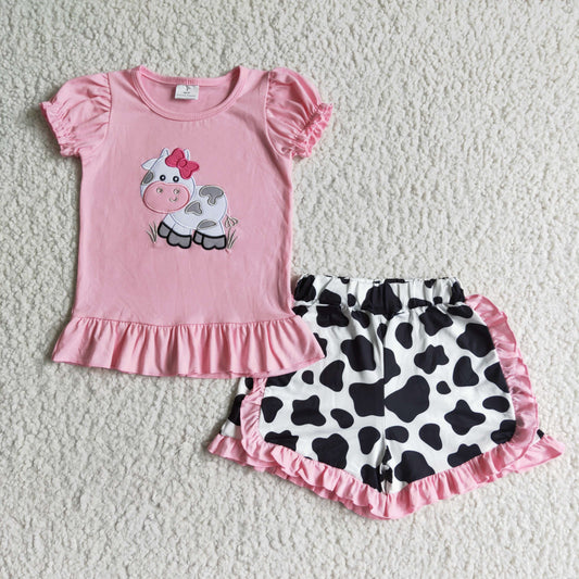 cotton pink cow embroidery ruffle shorts set