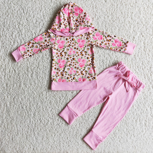 Pink Flower Leopard Hoodie Set