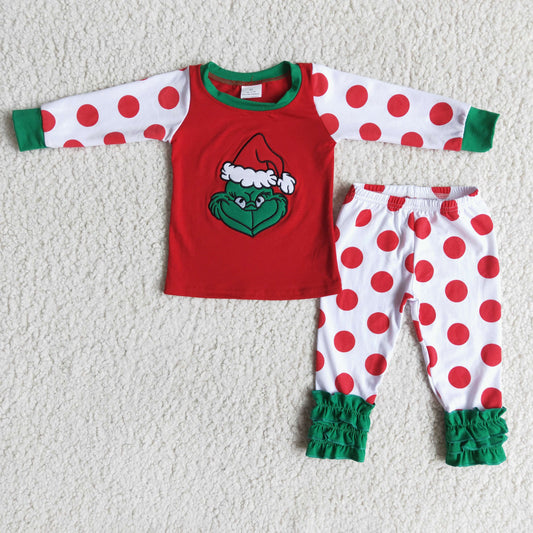 Cotton Dots Grinch Embroidery Christmas Pajamas Girl