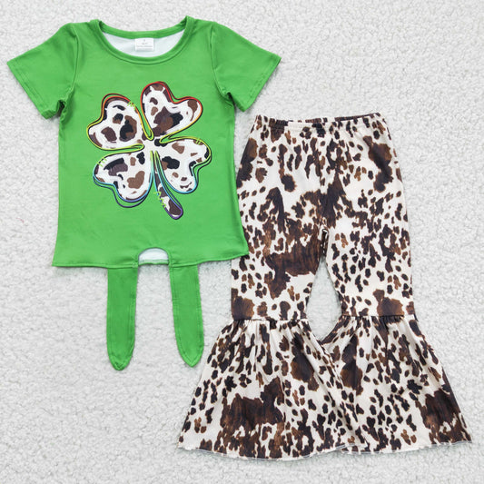girl st patrick cow print clover green outfit