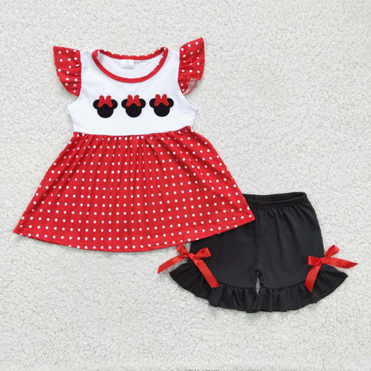 girl summer red dots embroidery black ruffle shorts set