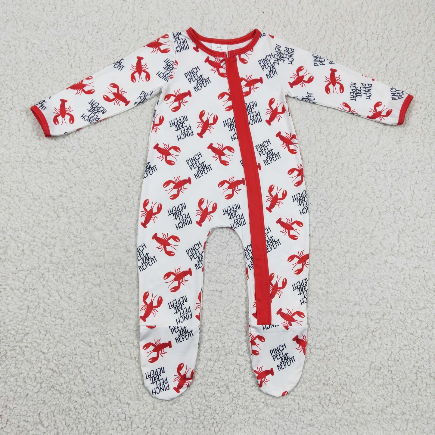 baby footed zip romper lobster pinch peel eat repeat