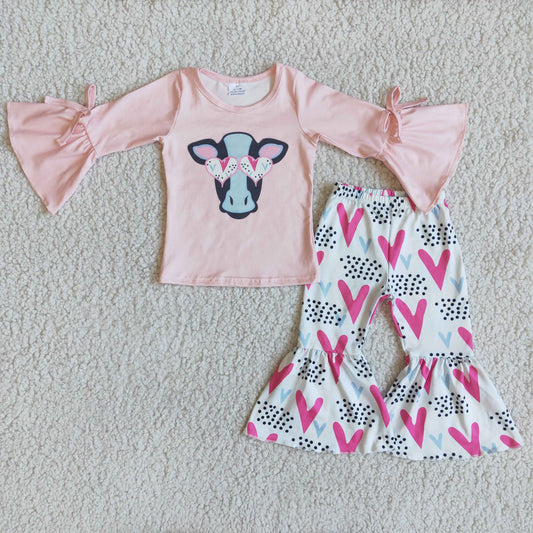 Long Sleeve Cow Heart Print Shirt Bells Pants Set