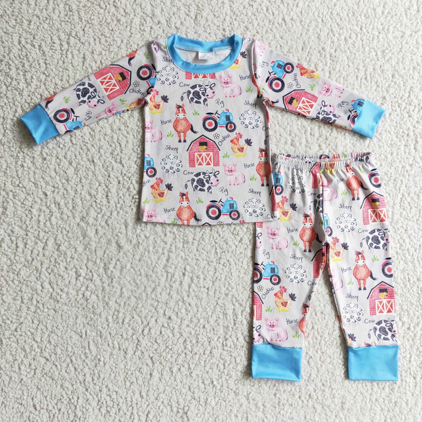 blue farm animal pajama outfit boy clothes