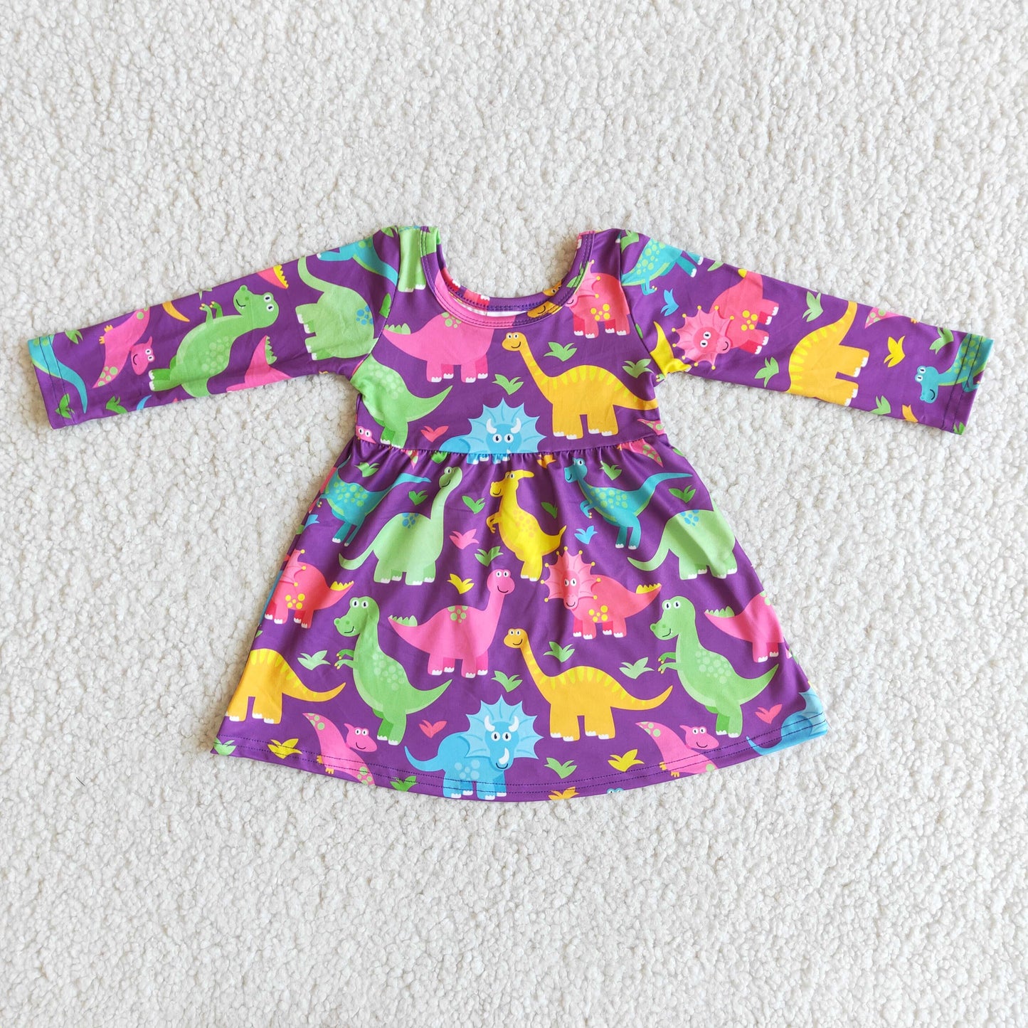 Long Sleeve Cute Purple Dinosaur Print Dress
