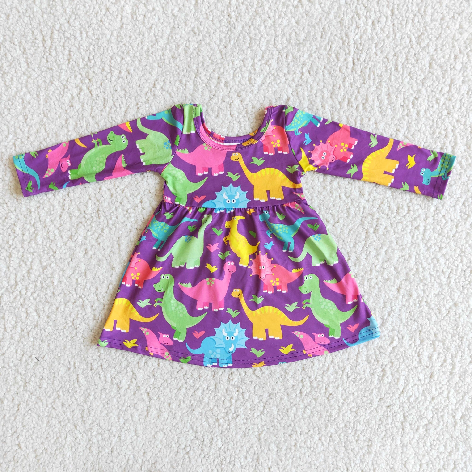Long Sleeve Cute Purple Dinosaur Print Dress