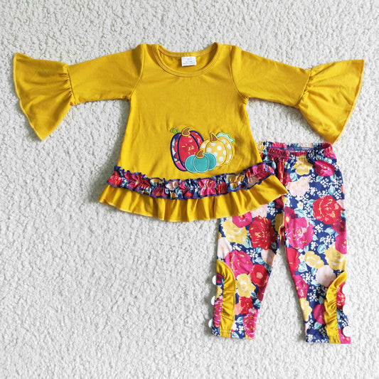fall mustard cotton top pumpkin embroidery floral leggings outfit