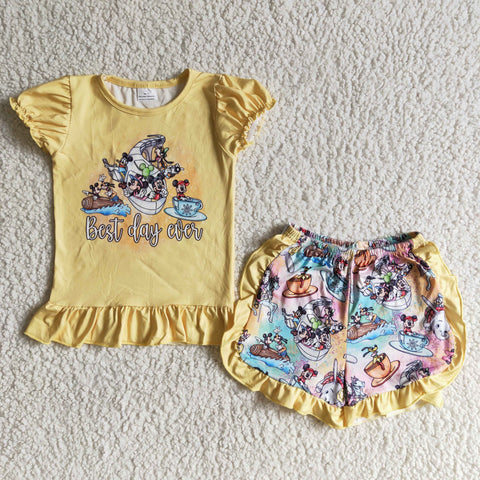 girl summer outfit best day ever cartoon ruffle shorts set