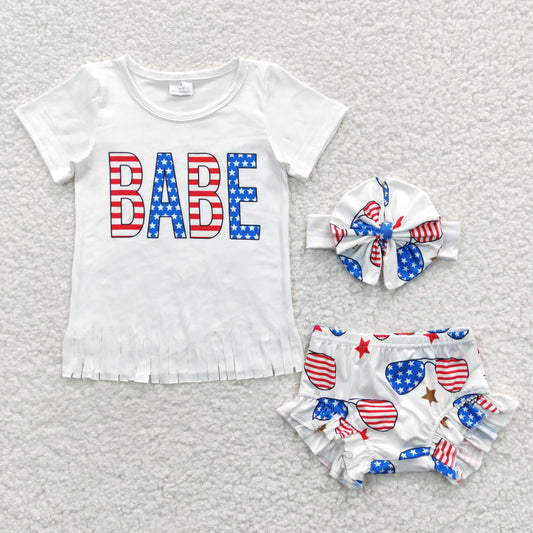 baby girl 4th of july babe glasses bummie set with bow