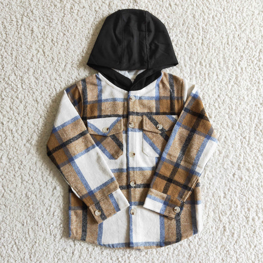 children's clothing boy flannel brown white plaid hoodie button coat winter