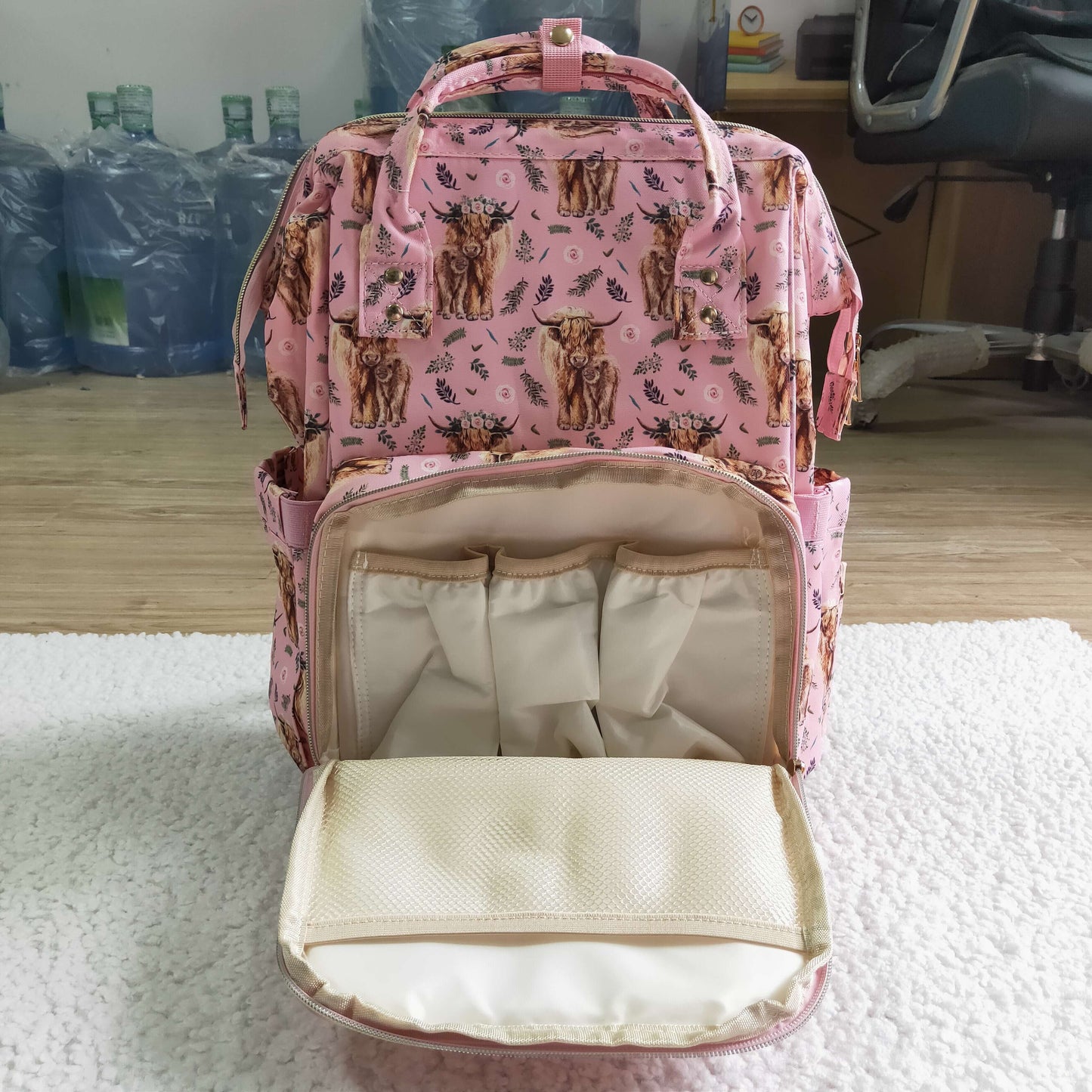 pink floral highland cow diaper bag backpack