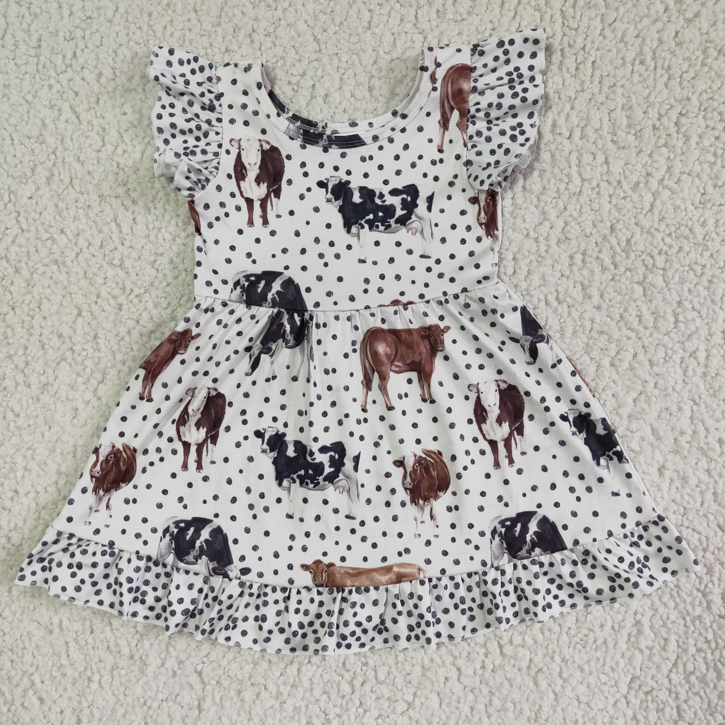flutter sleeve polk dots farm cows dress