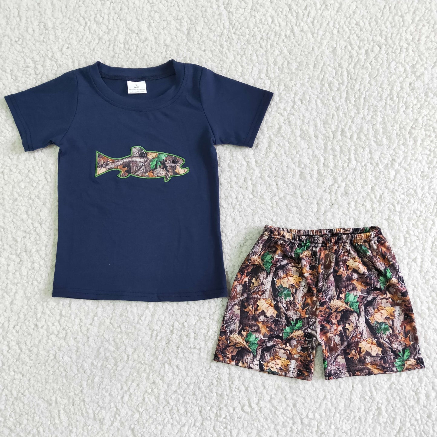 kids boy's outfit cotton fish embroidery shorts set summer