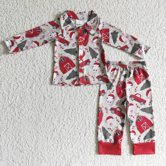 boy red Christmas cow pig farm house button pajama outfit