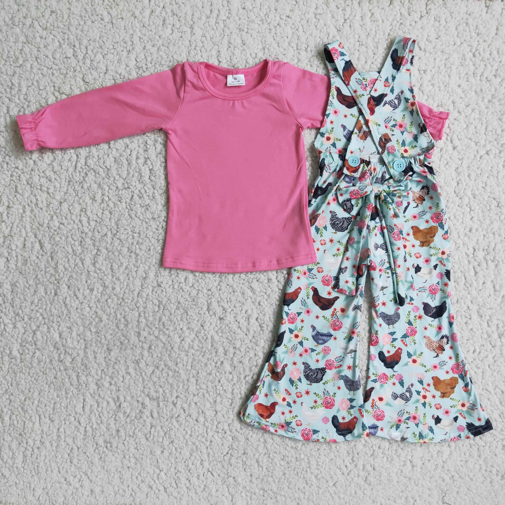 2pcs Pink Cotton Top Chicken Print Overall Pants Set