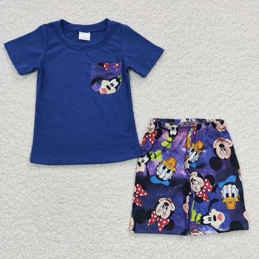 dark blue cartoon boy's clothing duck shorts set