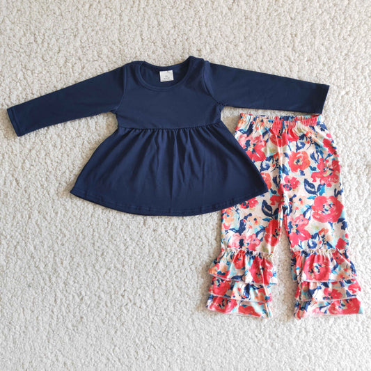 Navy Blue Cotton Tunic Top Floral Ruffle Pants Set